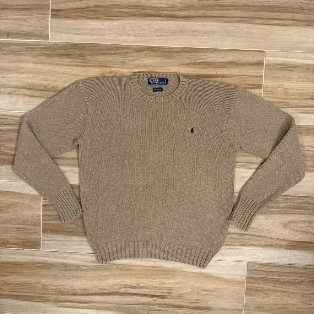 Vintage 90s Polo Ralph Lauren Cotton Knit Sweater Beige Tan Blue Pony Crewneck